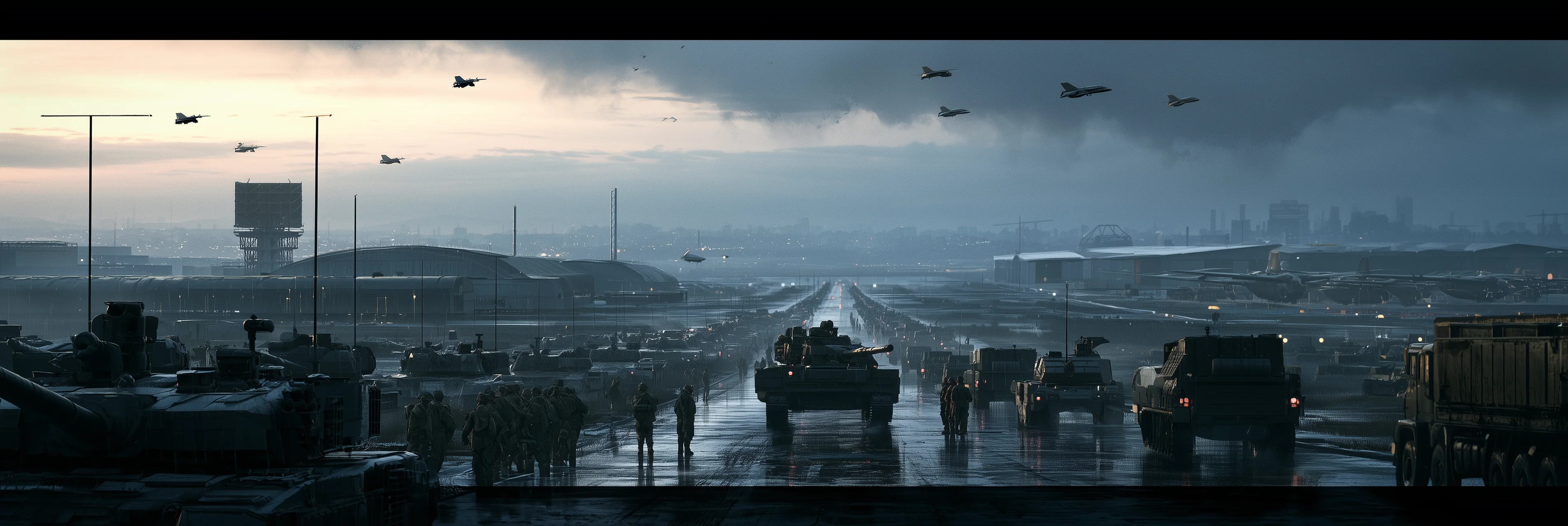 Military aircraft above a defence airfield