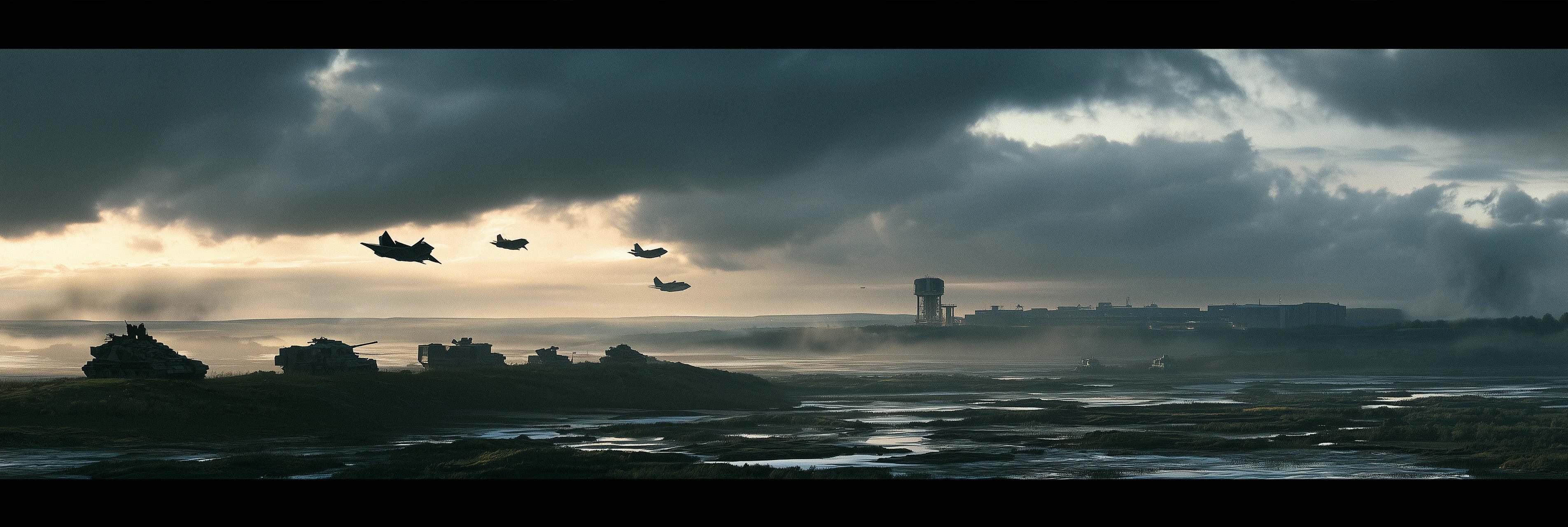 Armored vehicles and aircraft on a defence airfield